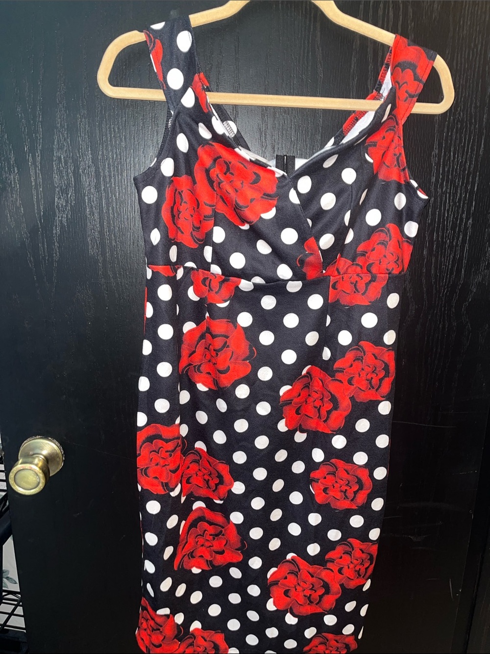 Black Polka Dot Dress with Red Floral Print